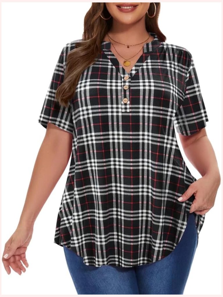 Plus Size Henley Button Down Tunic Top Short Sleeve Blouses For Work Casual